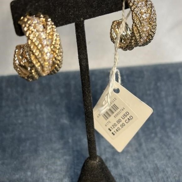 NWT DANNIJO Tristan 10K G.P. brass & Crystals huggie hoops (0.5 x 1)" - Picture 2 of 4